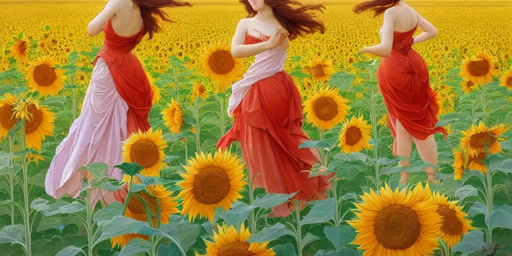 Image similar to beautiful young girl dancing in a fiery dress in a beautiful field of sunflowers and lilies, like leonardo da vinci sketches! in the style of studio ghibli, j. c. leyendecker, greg rutkowski, artgerm