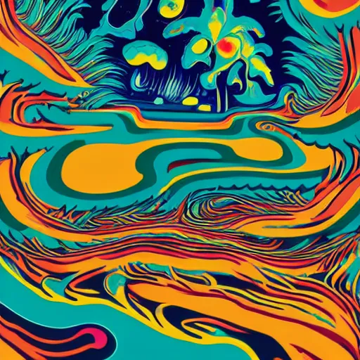 Prompt: A psychedelic poster for a band called Isla Vista by Wes Wilson
