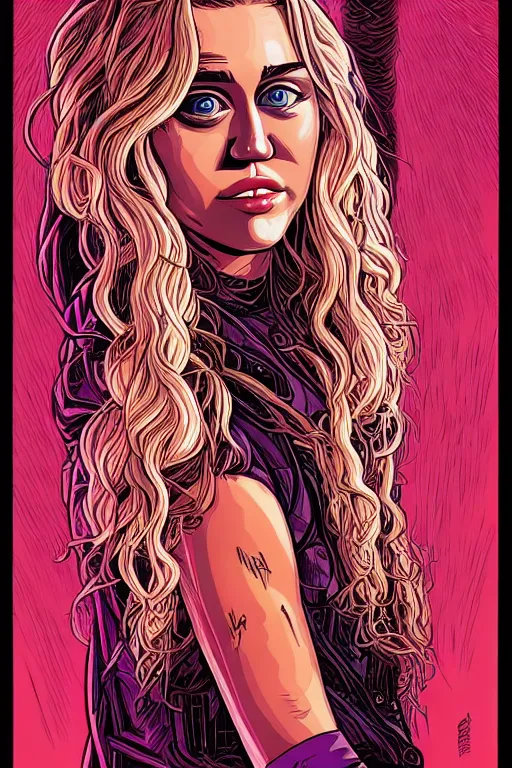 Image similar to a portrait of miley cyrus with long hair, drawn by robbie trevino and dan mumford, poster, digital art, comic art, concept art,, single head, no double head,