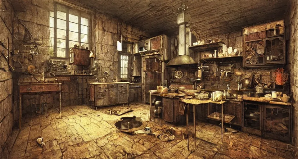 Image similar to IKEA catalogue photo of a steampunk farmhouse kitchen, by Beksinski