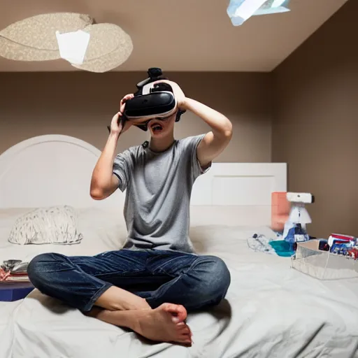 Image similar to A teenage caucasian boy wearing a VR-headset sitting on his messy bed, the room is very small with a lot of junk laying around. The dim room is lit by a bright light escaping from the VR-headset. dim lighting, award-winning