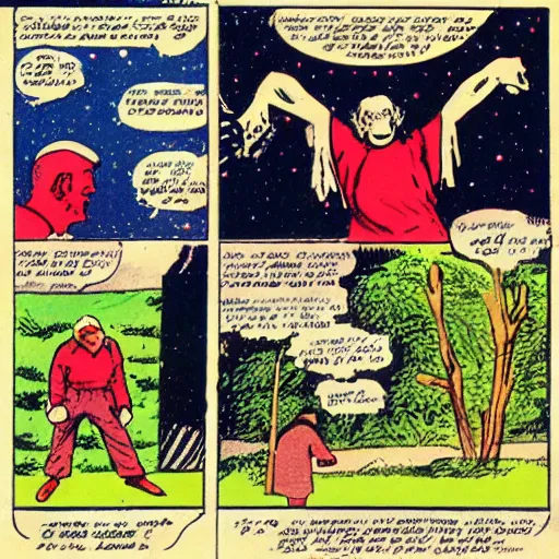 Prompt: A comic book panel drawn by Frank Miller of an old man standing in a park, a comet passes far overhead. Detailed comic book art, 1993