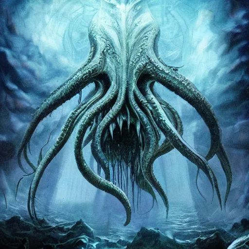 Image similar to old god eldritch horror terrifying the deep abyss of the ocean floor, epic scene, underwater photography, hyper - detailed, gigantic cthulhu, photo - realistic wallpaper, dark art