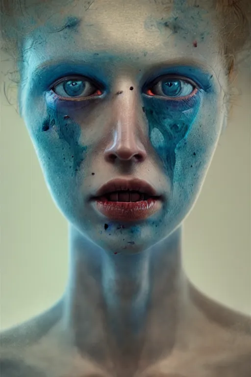 Image similar to outer body projection of beautiful woman, blue eyes, angry look, messy ginger hair, 4 k, cinematic lighting, hdr, highly detailed, ultra fine detail, photoreal, sharp focus, art by zdislav beksinski, rendered in octane, raytraced