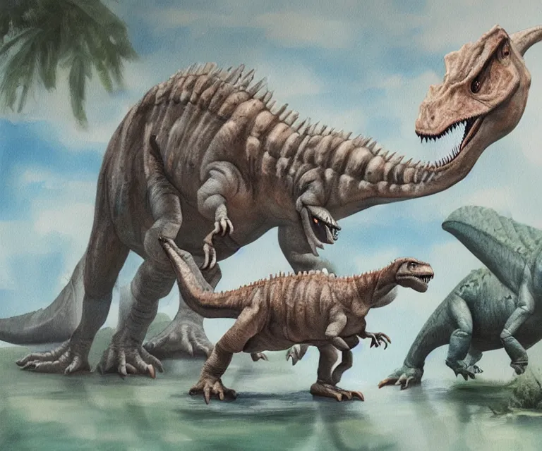 Prompt: dinosaurs and humans co - existing, water painting, soft tones, prehistoric