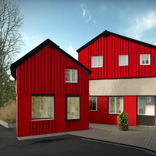 Image similar to a modern half - timbered house with a red door and windows, a digital rendering by schelte a bolswert, featured on polycount, de stijl, reimagined by industrial light and magic, angular, symmetrical