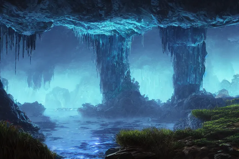 Prompt: Fantastical cave with bioluminescent vegetation by Eywind Earle, trending on artstation