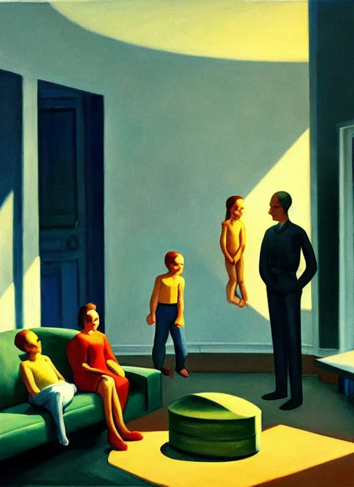 Image similar to painting of a family building getting lectured by a very large alien in their suburban living room, energetic orbs in the air, in the style of edward hopper