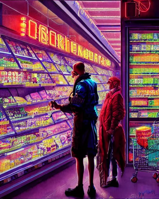 Image similar to cyberpunk man shopping at a neon soaked grocery store, science fiction painting, elegant intricate digital painting artstation, art by norman rockwell, detailed