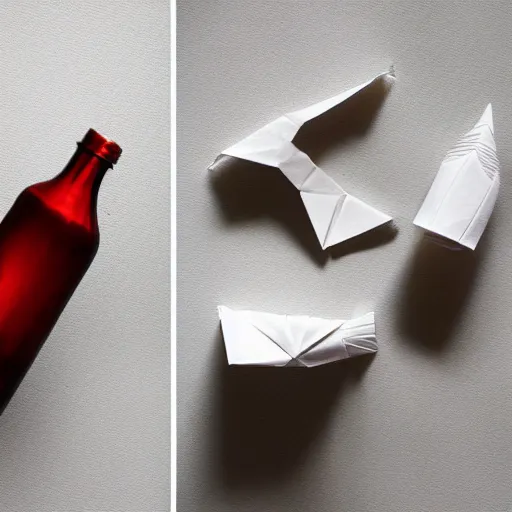 Image similar to an origami paper bottle design, macro photography, ambient light