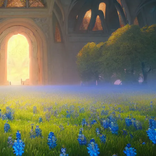 Image similar to a beautiful and detailed picture of gateway to hades surrounded by a field of bluebonnets, in the style of magic the gathering, highly detailed, digital painting, god rays, volumetric lighting, octane render, 4 k resolution, art by adam paquette and johann bodin and jason rainville