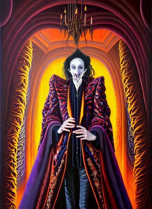 Image similar to beautiful oil painting, full length portrait of vampire!!!!! dauphinois in baroque coronation robes 1 7 0 1, blood, dan mumford, dan mumford, alex grey, hyacinthe rigaurd, highly detailed, lsd visuals, dmt fractal patterns, visionary art, psychedelic art, ornate, vaporwave, baroque, greg rutkowski