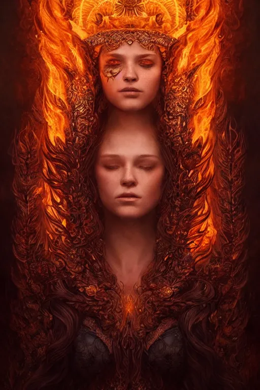 Image similar to majestic and regal portrait of a beautiful young female fire goddess!!, intricate, epic, elegant, menacing, fantasy, highly detailed, digital painting, hard focus, beautiful volumetric lighting, epic light, ultra detailed, souls, smoke, by leesha hannigan, ross tran, thierry doizon, kai carpenter, ignacio fernandez rios