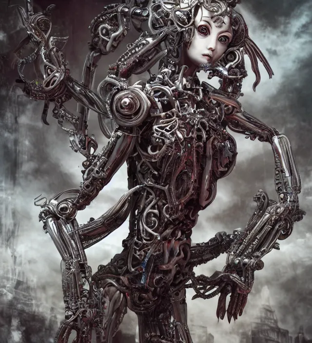 Image similar to photo 3 d rendering of a beautiful girl deity cyborg demon angel with many arms swords tentacles epic photorealistic portrait in ito junji miura kentaro frank miller alex ross escher giger sorayama buddhist biopunk cosmic horror style depth of field lens flare leica zeiss detailed trending award winning on pixiv skeb