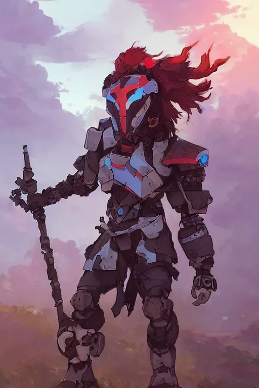 Image similar to combination suit armor aloy horizon forbidden west horizon zero dawn robot ninja mask helmet backpack tribal, fanart behance hd artstation by jesper ejsing, by rhads, makoto shinkai and lois van baarle, ilya kuvshinov, ossdraws