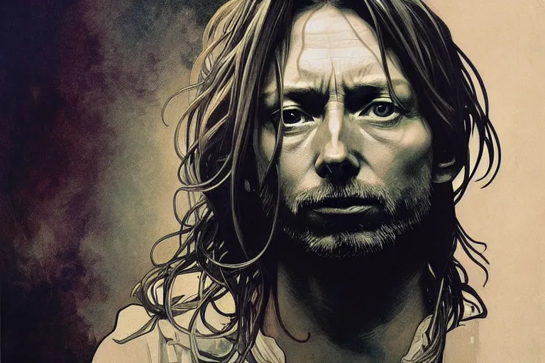 Image similar to hyper realistic portrait of thom yorke singer songwriter, side, liminal space, by lee bermejo, alphonse mucha and greg rutkowski mixed with kurt cobain