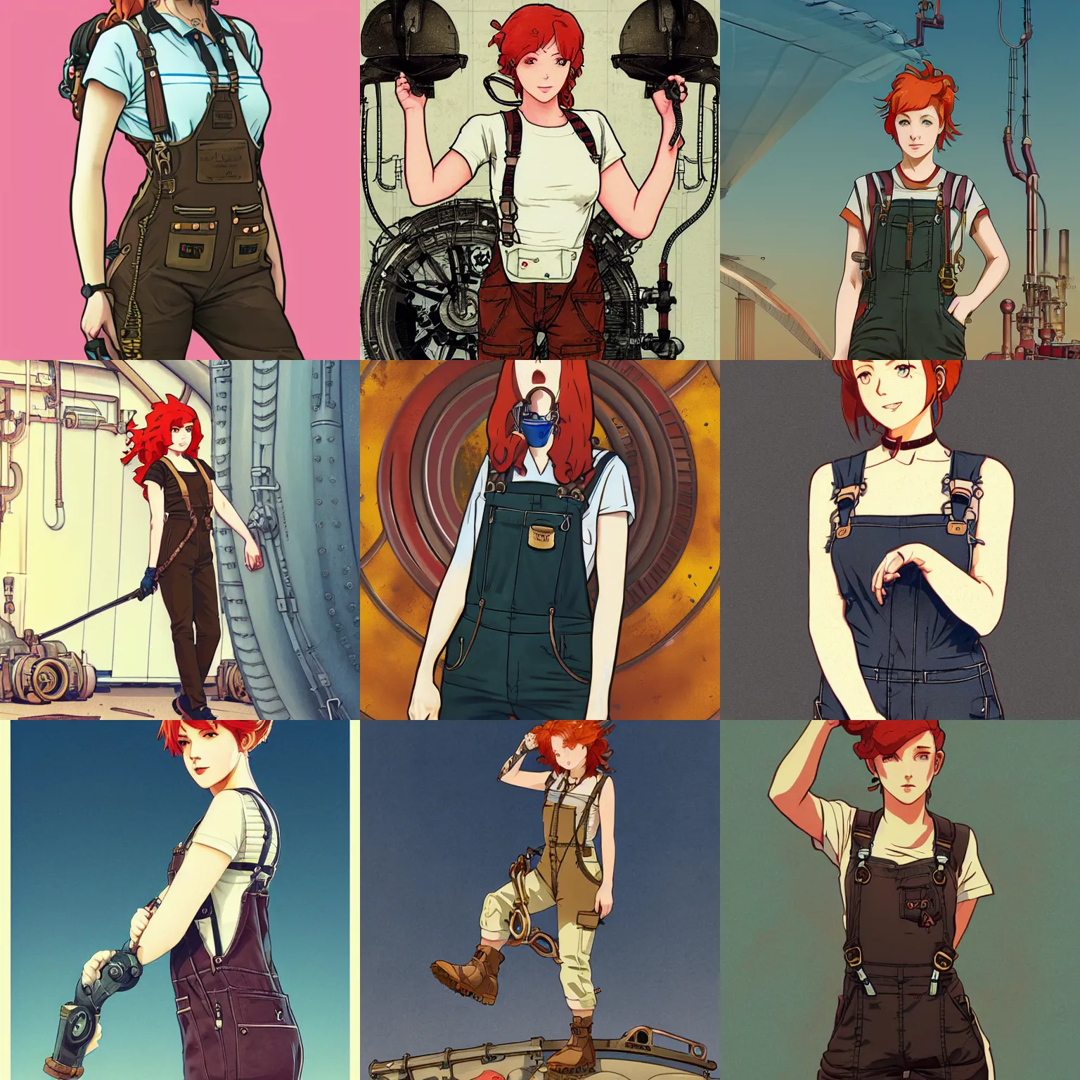 Prompt: Full body portrait of an airship mechanic wearing a tank top and dungarees, steampunk, redhead, mechanical arm, highly detailed, artstation, digital illustration, concept art, by Kyoto Animation and Studio Ghibli, by Ilya Kuvshinov and Alphonse Mucha