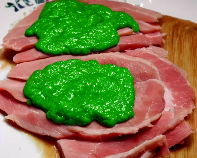 Image similar to Green eggs and ham. A healthy shade of green for eggs and meat. Fresh, cooked, scrumptious!