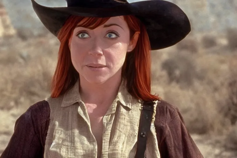 Image similar to screenshot from western movie, starring young alyson hannigan