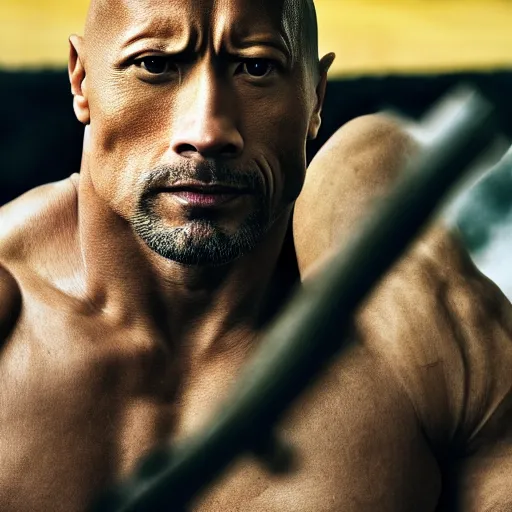 Image similar to closeup portrait of Dwayne Johnson as samurai , photograph, natural light, sharp, detailed face, magazine, press, photo, Steve McCurry, David Lazar, Canon, Nikon, focus