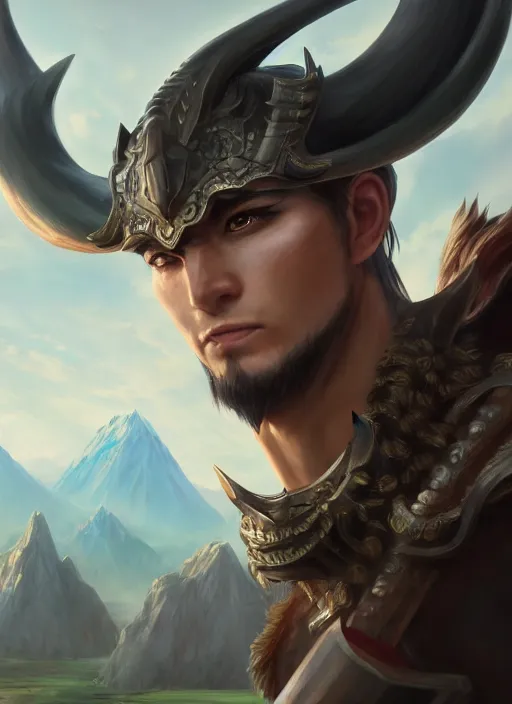 Image similar to handsome young warrior, clean - shaven, horns, pointy ears, long hair, epic landscape, realistic anime, highly detailed, unreal engine 5, 8 k, digital fantasy illustration, by rossdraws, by heise jinyao, sharp focus, octane render, trending on artstation,