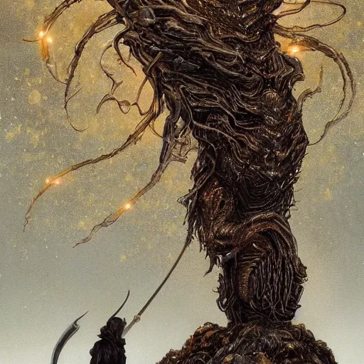 Image similar to by yoann lossel, by valerio olgiati outrun offhand, ominous. a performance art of a large, looming creature with a long, snake body. many large, sharp teeth, & eyes glow. wrapped around a large tree, bent under the weight. small figure in foreground, a sword, dwarfed by the size of the creature.