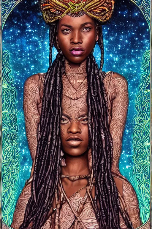 Image similar to beautiful, iridescent, and refined engraved fractal tarot card featuring an ornate, realistic, and regal high key studio anaglyph portrait of an attractive young kenyan princess with beaded dreadlock hair in front of a brilliant nebula by Eric Lafforgue, by Suicide Girls, by Dan Mumford, by Jim Fitzpatrick, featured on deviant art, trending on artstation