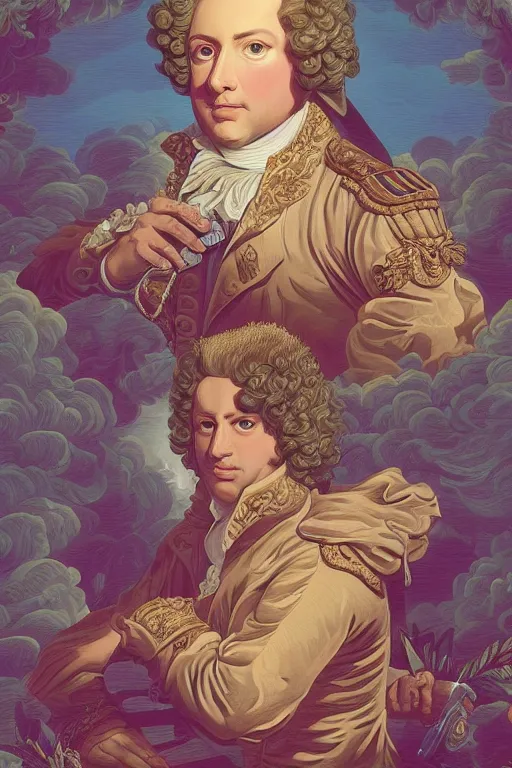 Image similar to vaporwave Dan Mumford style (portrait of Louis xv) in the style of rococo Rob Lefield and Dan Mumford Dan Mumford Dan Mumford, Dan Mumford, Greg rutkowski, trending on artstation, digital art, surrealism, macro