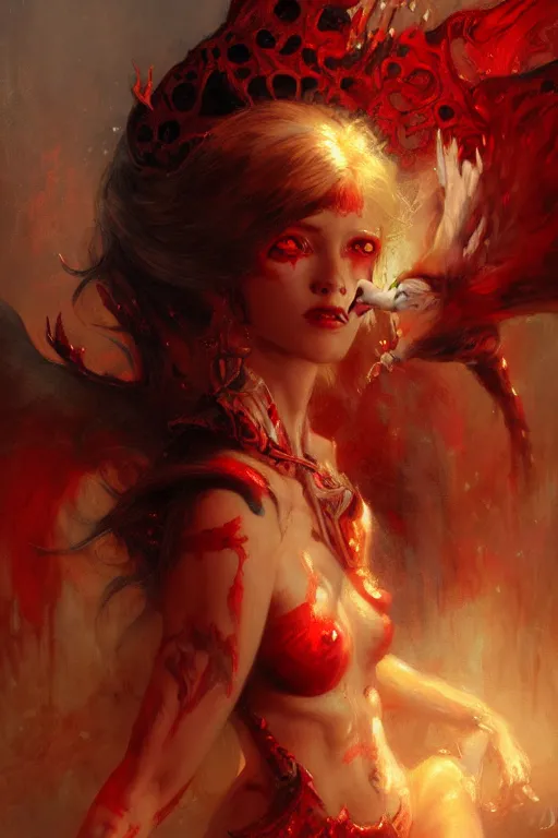 Image similar to attractive demon queen with red eyes painting by gaston bussiere, craig mullins, luis rollo, torso portrait, digital painting, highly detailed, artstation, sharp focus, illustration, concept art