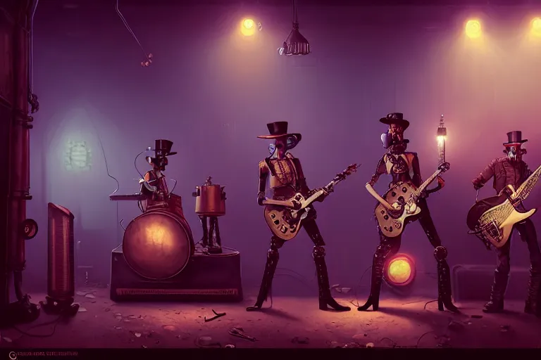 Image similar to 3 steampunk robot rock musicians playing at a seedy club, focus on the musicians, cinematic lighting, exaggerated detailed, unreal engine, octane render, trending on artstation, art by greg rutkowski, 4 k