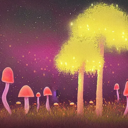 Image similar to luminescent pink and orange mycena fungi, emitting spores, midnight, fantasy art, mysterious, magical, hyperrealistic, detailed, soft lighting, fireflies