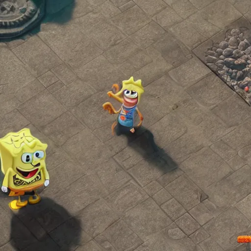 Image similar to a videogame still of Spongebob in Diablo III, portrait, 40mm lens, shallow depth of field, split lighting, cinematic