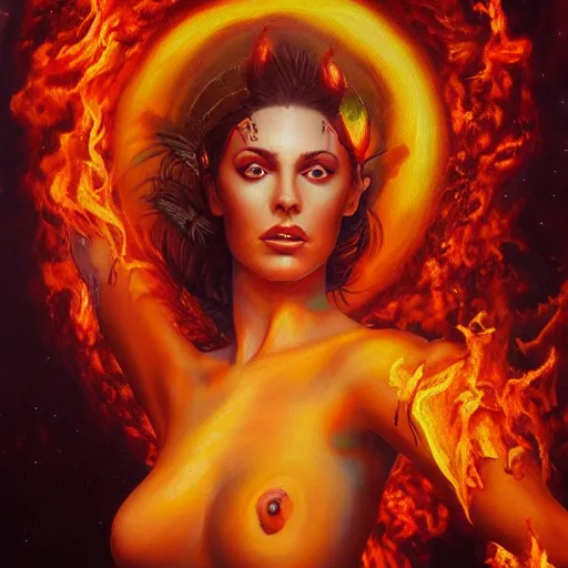 Prompt: A beautiful painting of a goddess with flames as her body by Jim Burns, 8K, ultra-detailed , Trending on artstation.