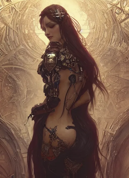 Image similar to beautiful pale gothic maiden, warhammer 40000, cyberpunk, intricate, elegant, highly detailed, digital painting, artstation, concept art, smooth, sharp focus, illustration, art by artgerm and greg rutkowski and alphonse mucha and Gustav Klimt