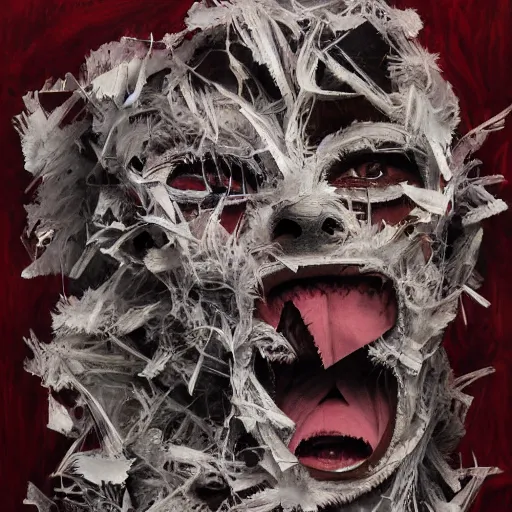 Prompt: multiple faces shredded like paper masks screaming, dark horror, surreal, drawing, painting, oil painting