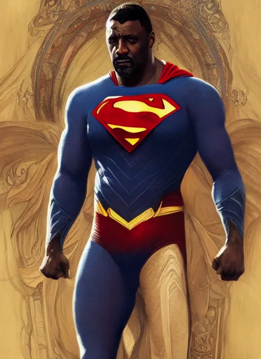 Prompt: Idris Elba as Superman, fantasy, intricate, elegant, highly detailed, digital painting, artstation, concept art, smooth, sharp focus, illustration, art by artgerm and greg rutkowski and alphonse mucha
