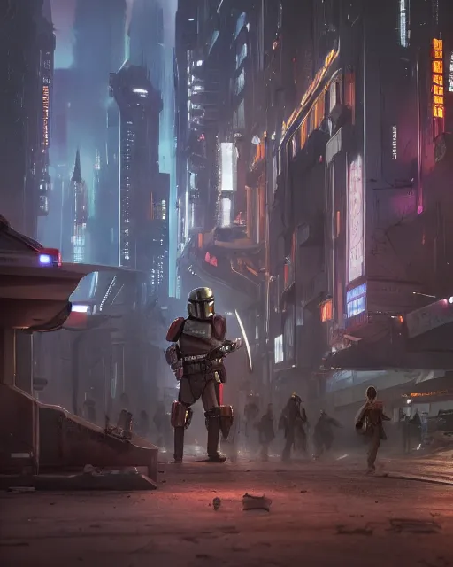 Image similar to off angle beautiful Product shot film still of the Mandalorian at night in cyperpunk city, motion, hard surface modeling, blade runner, octane, Ian Callum and Peter Mohrbacher, unreal, redshift, 3d model, 8k