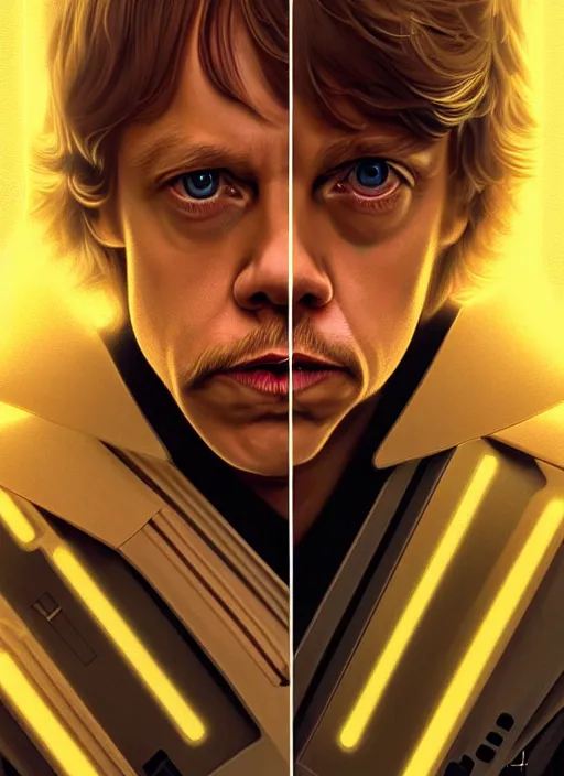 Prompt: symmetry!! portrait of young mark hamill, luke skywalker gold sci - fi armour, tech wear, glowing lights!! sci - fi, intricate, elegant, highly detailed, digital painting, artstation, concept art, smooth, sharp focus, illustration, art by artgerm and greg rutkowski and alphonse mucha