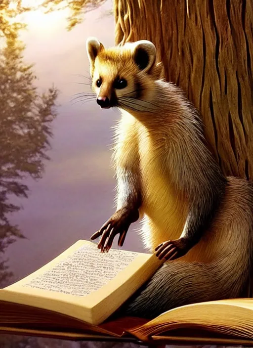 Prompt: A beautiful scene from a 2022 fantasy film featuring a humanoid pine marten genet hybrid wearing loose white clothing reading an ancient book on a couch. An anthropomorphic pine marten genet hybrid in a white tunic. Golden hour.