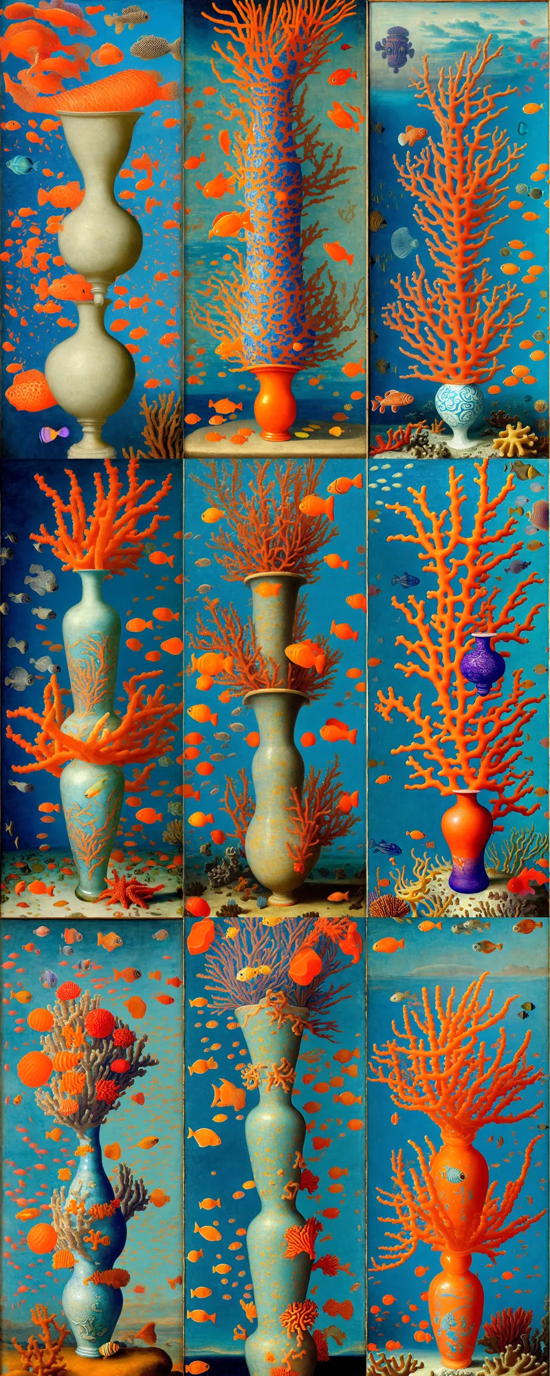 Prompt: bottle vase of coral under the sea and in the sky decorated with a dense field of stylized scrolls that have opaque outlines enclosing mottled blue washes, with orange shells and purple fishes, ambrosius benson, oil on canvas, hyperrealism, light color, no hard shadow, around the edges there are no objects