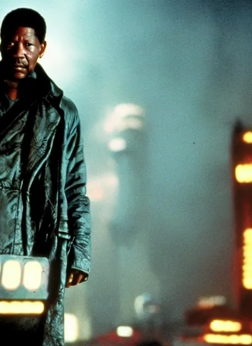 Image similar to a movie still of morgan freeman as rick deckard in blade runner