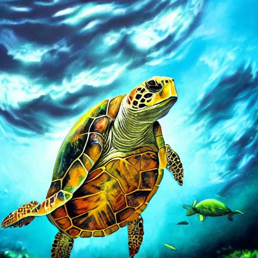 Prompt: zombified sea turtle, beautiful composition, wide angle, colorful, cinematic, volumetric lighting, intricate details painting