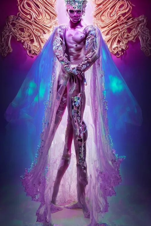 Image similar to full-body rococo and cyberpunk delicate neon crystalline sculpture of ((muscular albino prince Zayn Malik)) as an iridescent humanoid deity wearing a thin see-through ((plastic hooded cloak)) (holding a human skull) in a white castle dungeon, reclining con (((las piernas abiertas))), glowing pink face, crown of (white lasers), large diamonds, swirling black silk fabric. futuristic elements. oozing glowing liquid, full-length view. space robots. intricate artwork by caravaggio. Trending on artstation, octane render, cinematic lighting from the right, hyper realism, octane render, 8k, depth of field, 3D