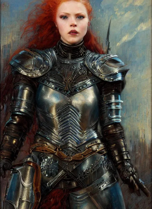 Image similar to young beautiful mischievous blue eyed redheaded woman wearing black medieval armour, detailed, by gaston bussiere, bayard wu, greg rutkowski, giger, maxim verehin, greg rutkowski, masterpiece, sharp focus, cinematic lightning