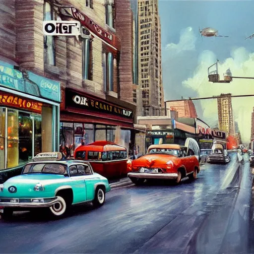 Image similar to 4K hyper realistic oil painting of 1950s city with old cars and a big speaker array in the sky booming techno music