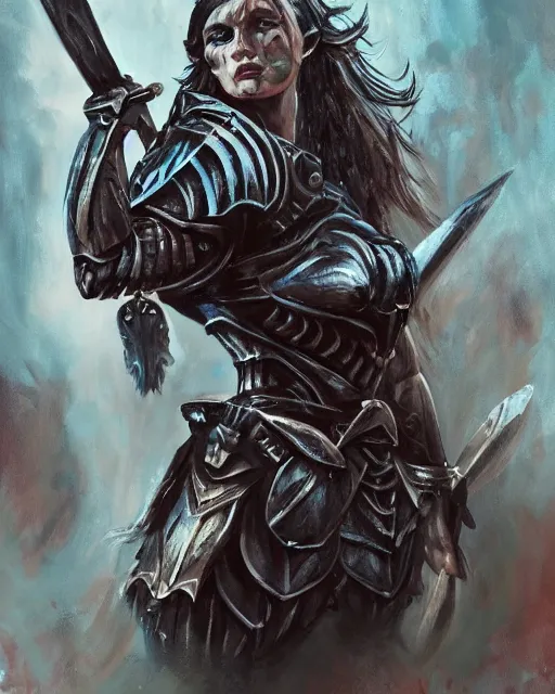 Image similar to a fierce and muscular warrior princess in full armor, fantasy character portrait, dark and atmoshperic gouache