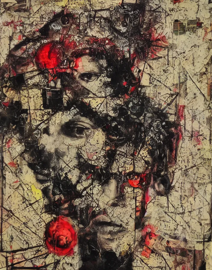 Image similar to you are the prey for your sins mixed media collage, conteporary art, punk art, single realistic face, photorealistic, expressionism, masterpiece, perfect composition, spectacular quality, intricate oil sweeps