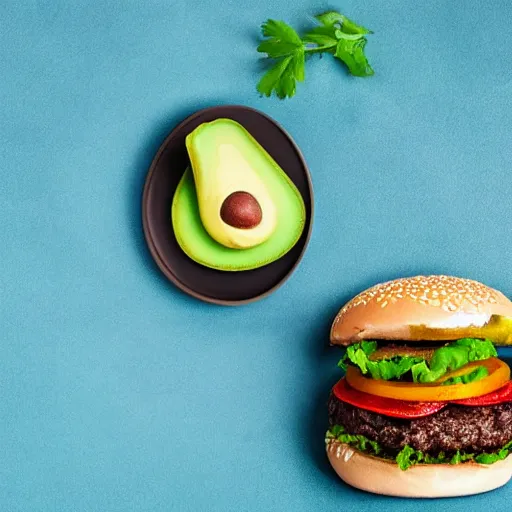 Prompt: a hamburger with 2 kilograms of avocado, 8 k resolution, amazing food photography