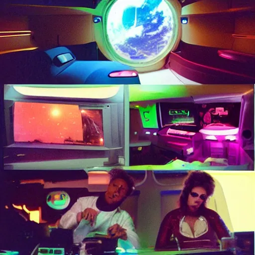 Prompt: “day to day life of a sci-fi spaceship crew. 80s Retrofuturism. Stills from a Candid home movie.”