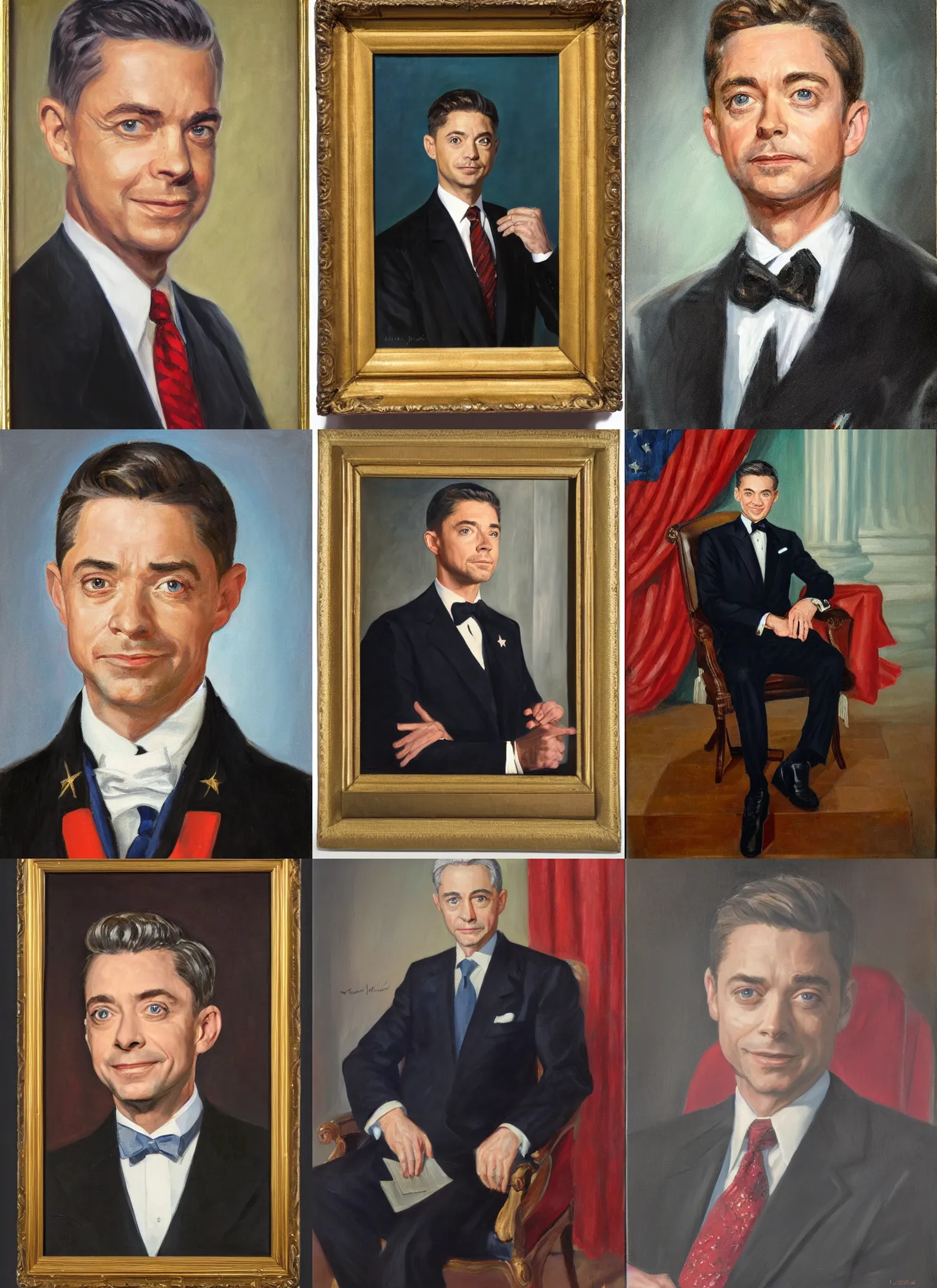 Prompt: official portrait of Topher Grace, 34th President of the United States, 1953-1961. Portrait by James Anthony Wills. Oil on panel. White House Collection/White House Historical Association